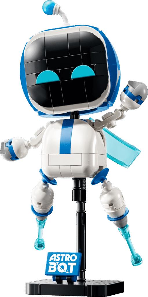 Bouwbare LEGO Astro Bot 40899 met blauwe ogen, cape en displaystandaard