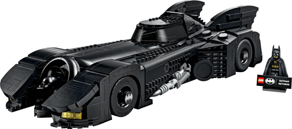 De zwarte LEGO Batman Returns Batmobile 76355 met Batman-minifiguur