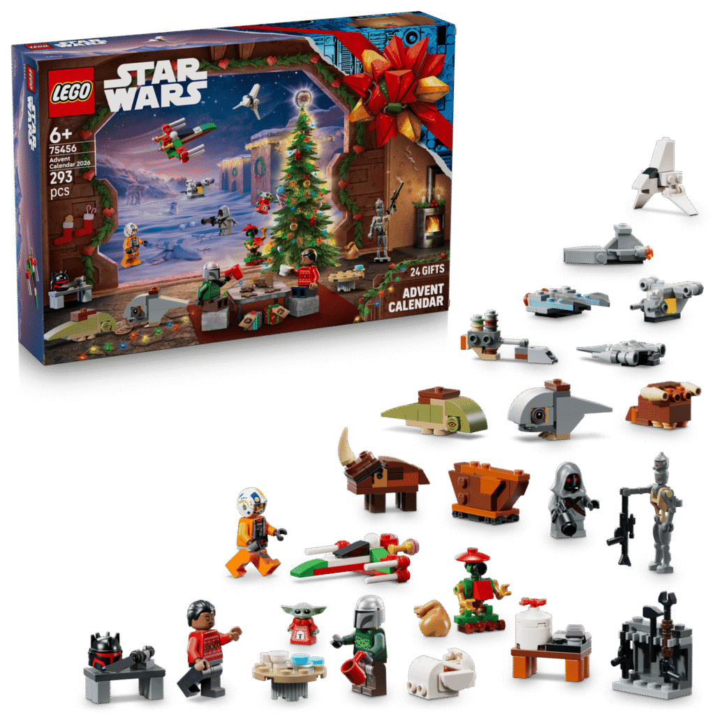 De LEGO Star Wars Adventskalender 2026 met minifiguren en kleine modellen, set 75456
