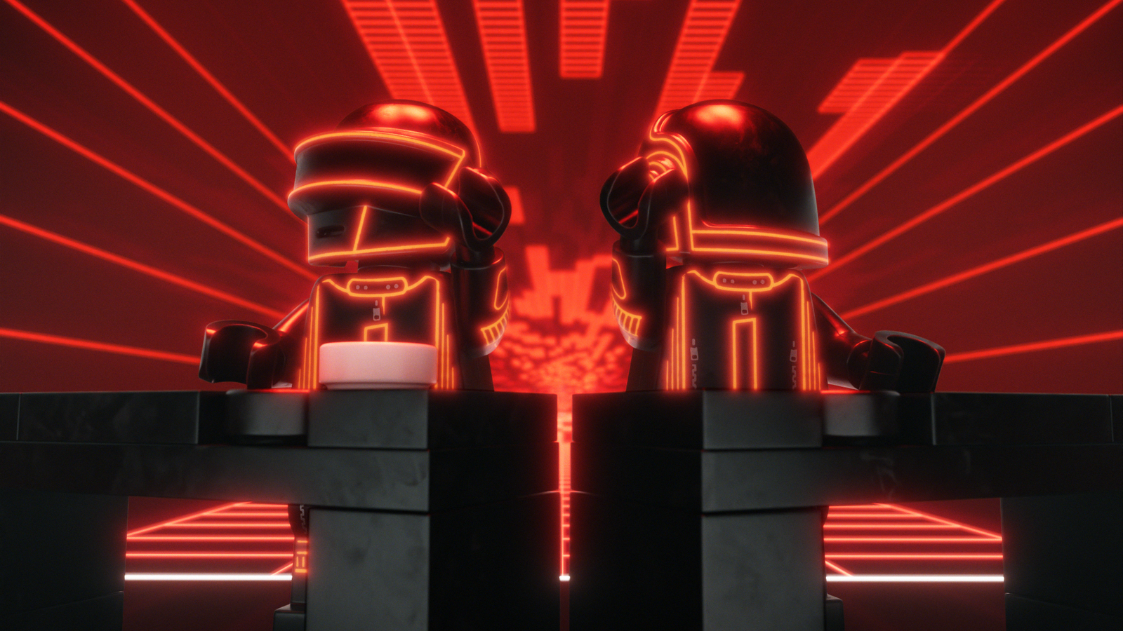 LEGO-minifiguren van Daft Punk achter een futuristische muziekconsole